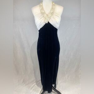 Vintage Bari-Jay 90s beaded white chiffon & dark blue velvet formal dress size 6